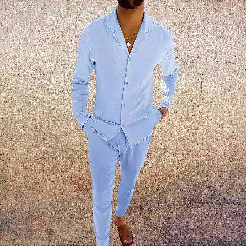 Completo da Uomo Due Pezzi a Maniche Lunghe con Colletto e Scollo a V | Pantaloni a Gamba Diritta