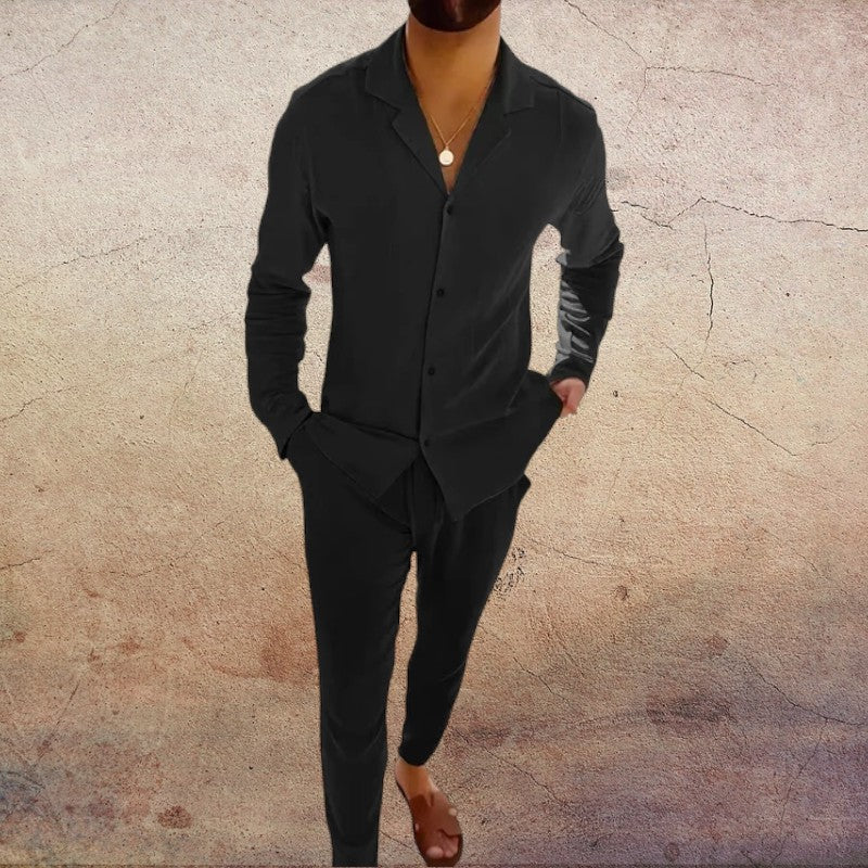 Completo da Uomo Due Pezzi a Maniche Lunghe con Colletto e Scollo a V | Pantaloni a Gamba Diritta