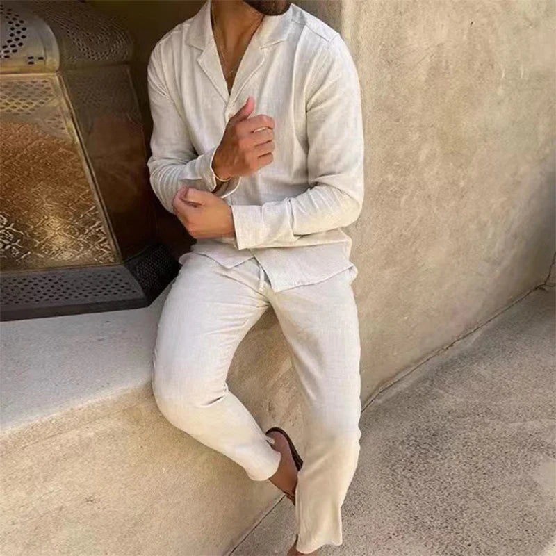Completo da Uomo Due Pezzi a Maniche Lunghe con Colletto e Scollo a V | Pantaloni a Gamba Diritta