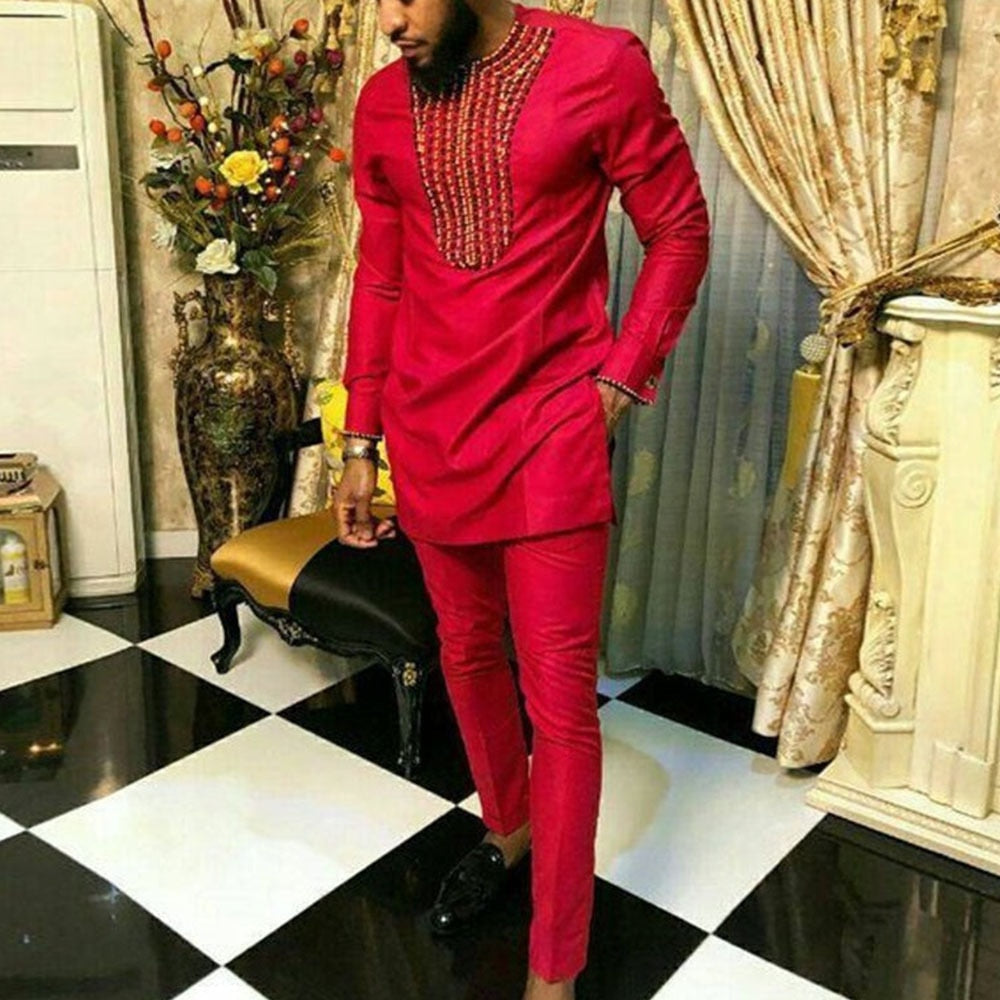 Completo Dashiki da Uomo: Maglia Tradizionale a Maniche Lunghe e Pantaloni Slim Fit