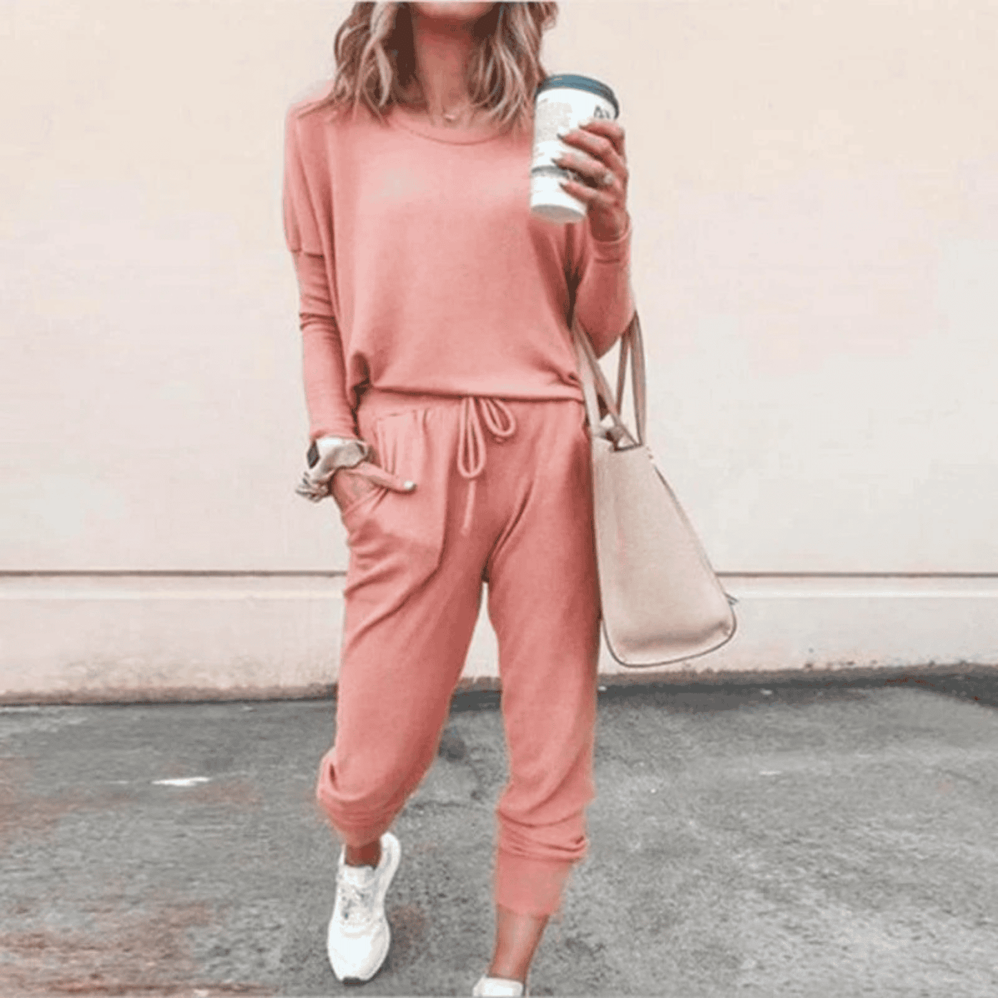 Completo due pezzi da donna a maniche lunghe con coulisse in vita