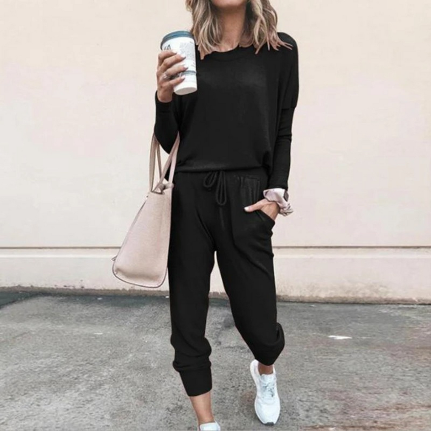 Completo due pezzi da donna a maniche lunghe con coulisse in vita