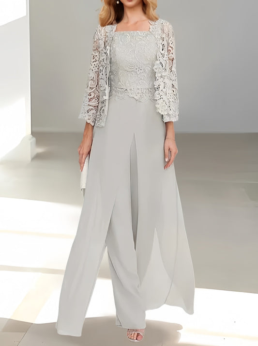 Completo Elegante da Cerimonia con Pantaloni, Giacca e Spacco Laterale – Lunghezza al Pavimento in Grigio Argento