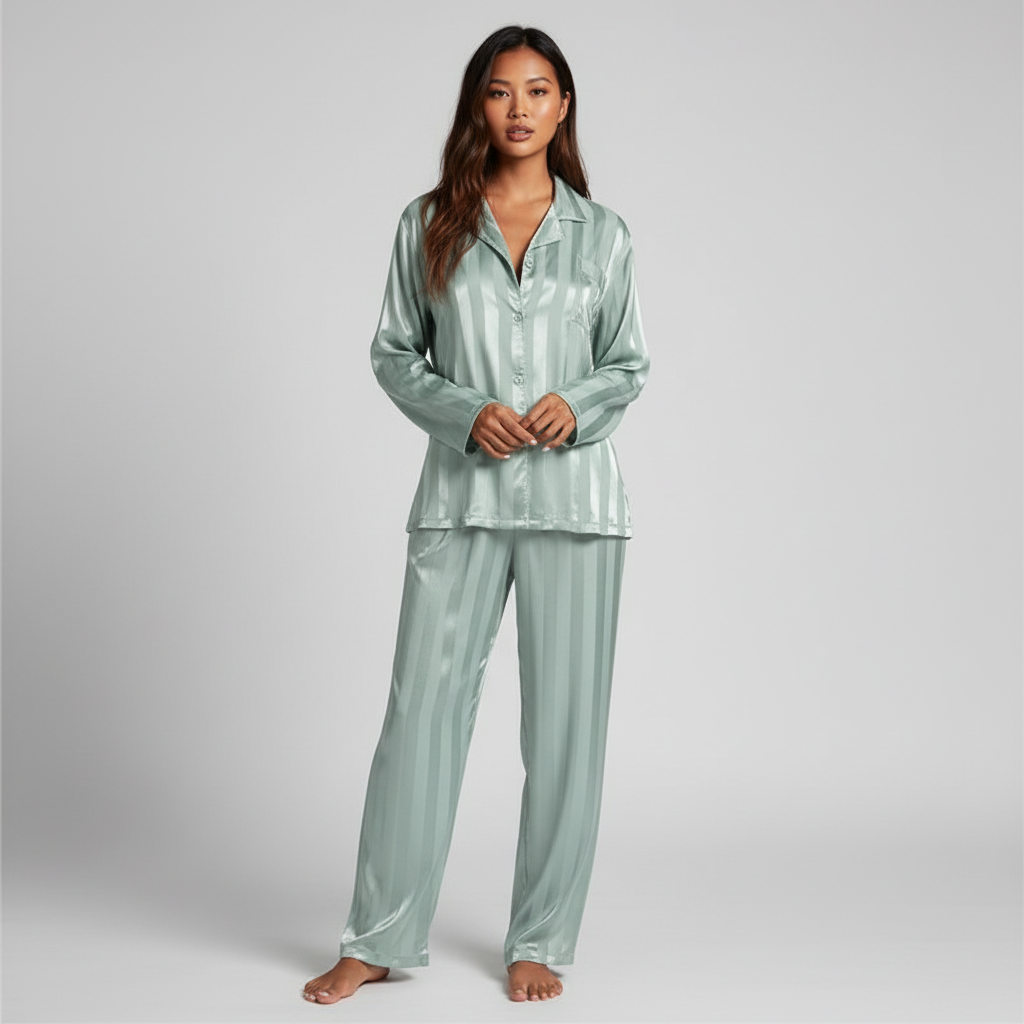Completo elegante da donna in raso con top e pantaloni lunghi
