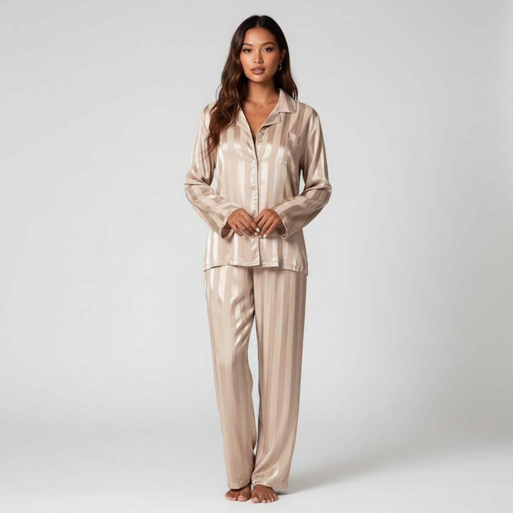 Completo elegante da donna in raso con top e pantaloni lunghi