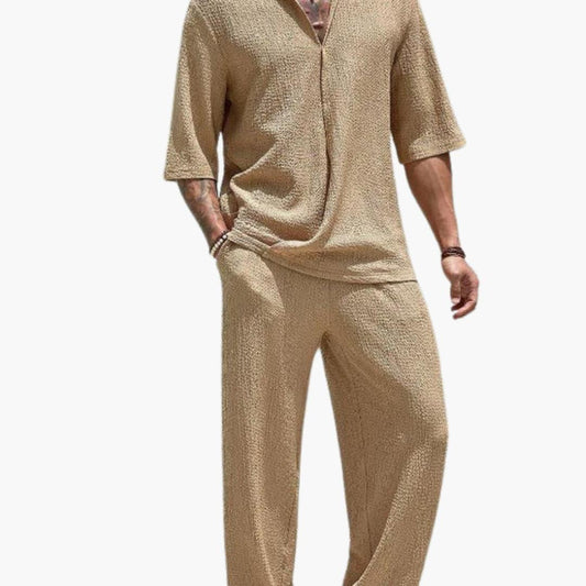 Completo Estivo da Uomo con Camicia a Maniche Corte e Pantaloni con Vita Elastica