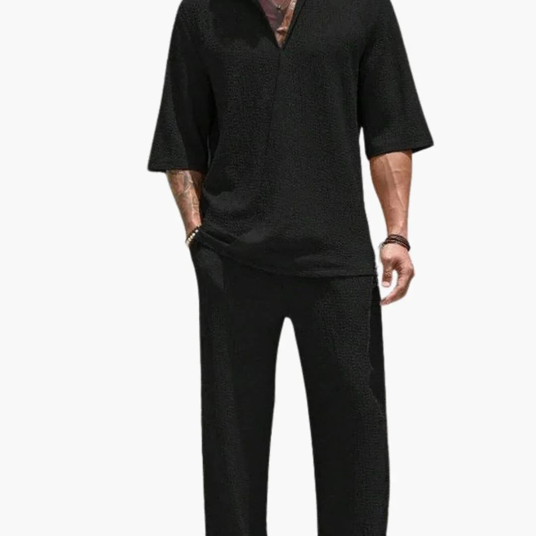 Completo Estivo da Uomo con Camicia a Maniche Corte e Pantaloni con Vita Elastica