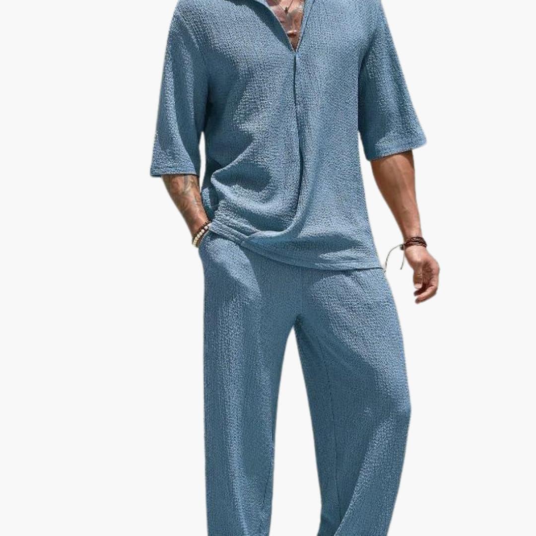 Completo Estivo da Uomo con Camicia a Maniche Corte e Pantaloni con Vita Elastica
