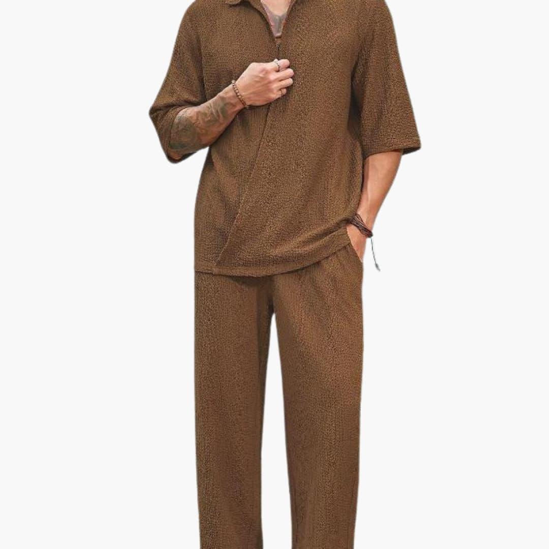 Completo Estivo da Uomo con Camicia a Maniche Corte e Pantaloni con Vita Elastica