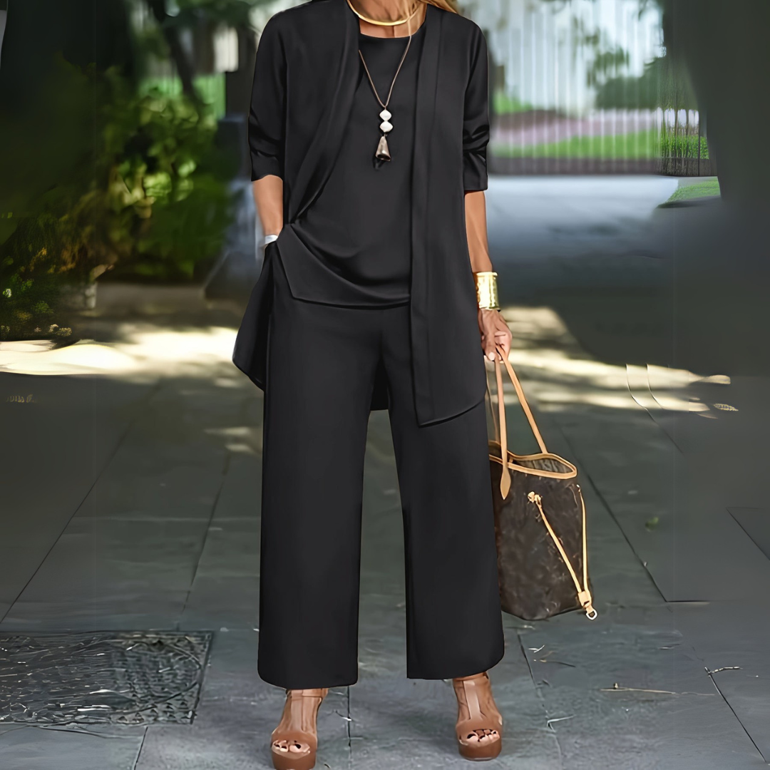 Completo tre pezzi da donna con pantaloni a gamba larga