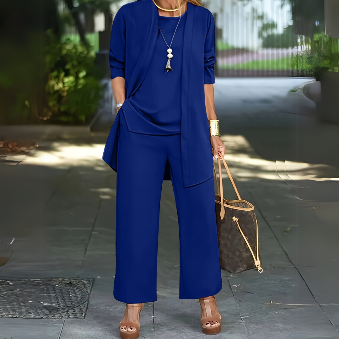 Completo tre pezzi da donna con pantaloni a gamba larga