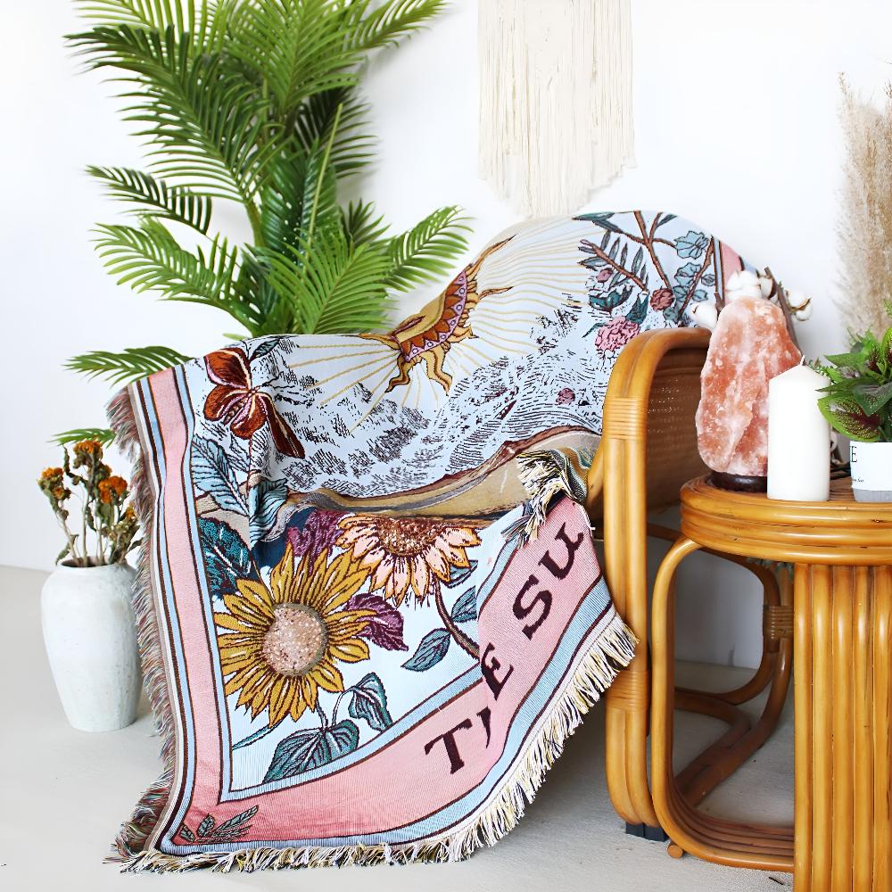 Coperta arazzo in stile boho con motivo a sole