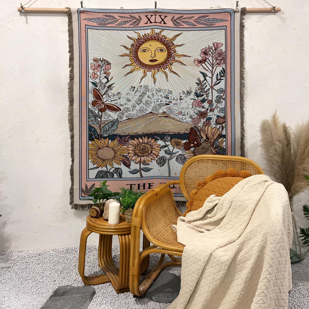 Coperta arazzo in stile boho con motivo a sole