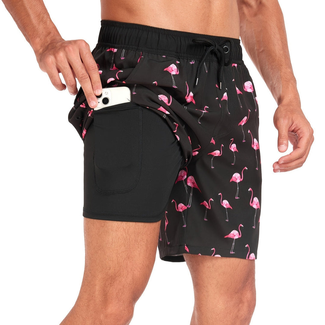 Costume da Bagno a Bermuda con Motivo Tropicale di Fenicotteri