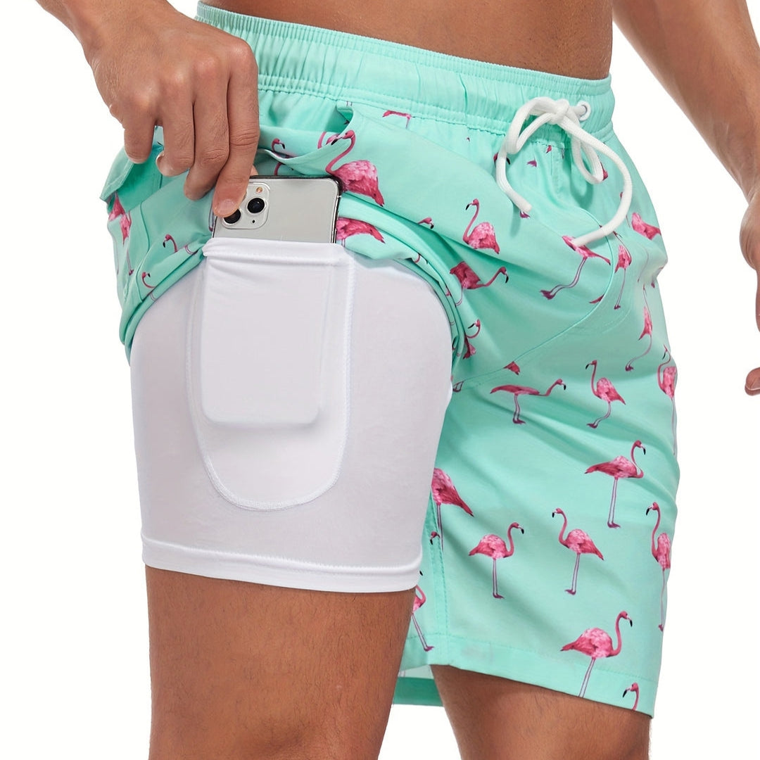 Costume da Bagno a Bermuda con Motivo Tropicale di Fenicotteri
