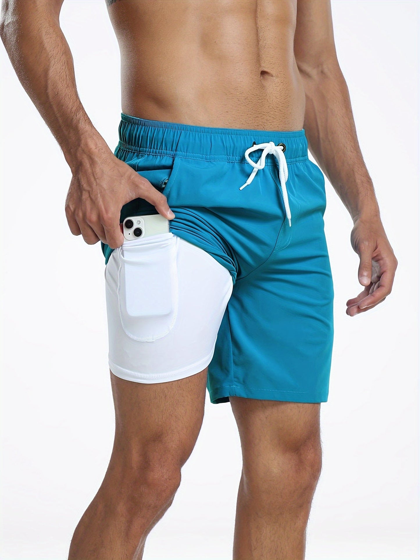 Costume da bagno da uomo elasticizzato ad asciugatura rapida con tasca per telefono