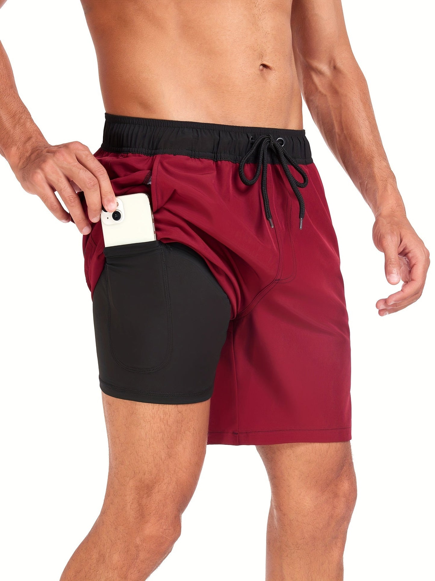Costume da bagno da uomo elasticizzato ad asciugatura rapida con tasca per telefono