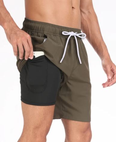 Costume da bagno da uomo elasticizzato ad asciugatura rapida con tasca per telefono