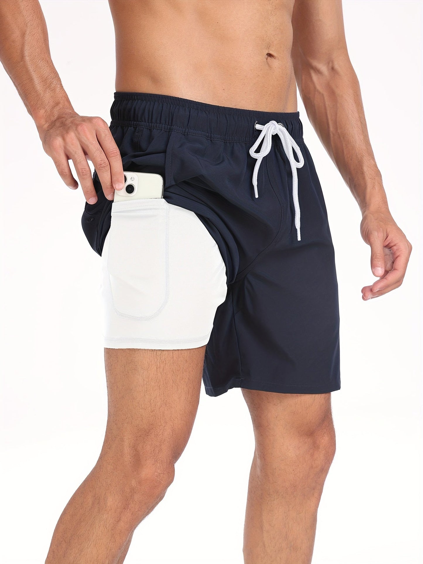 Costume da bagno da uomo elasticizzato ad asciugatura rapida con tasca per telefono