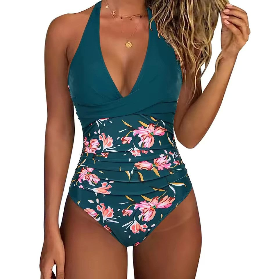 Costume da Bagno Intero da Donna con Allacciatura all'Americana con Motivo Tropicale