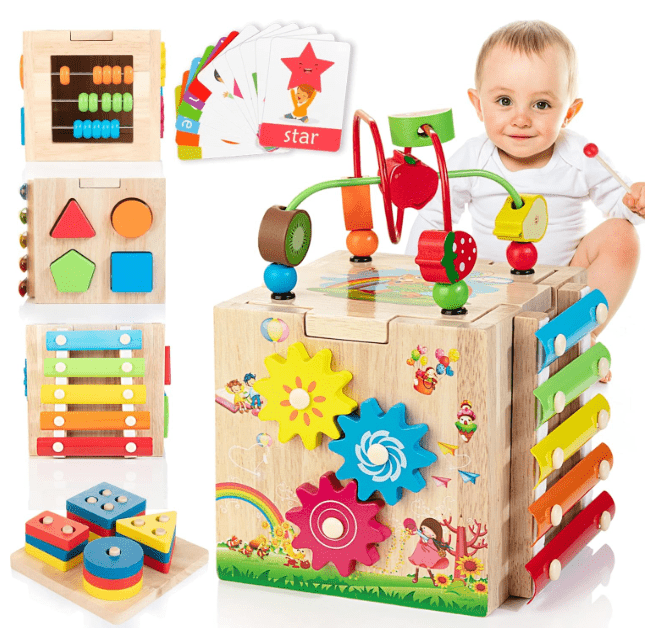 Cubo di Attività Educativo 8 in 1 in Legno per Bambini Montessori