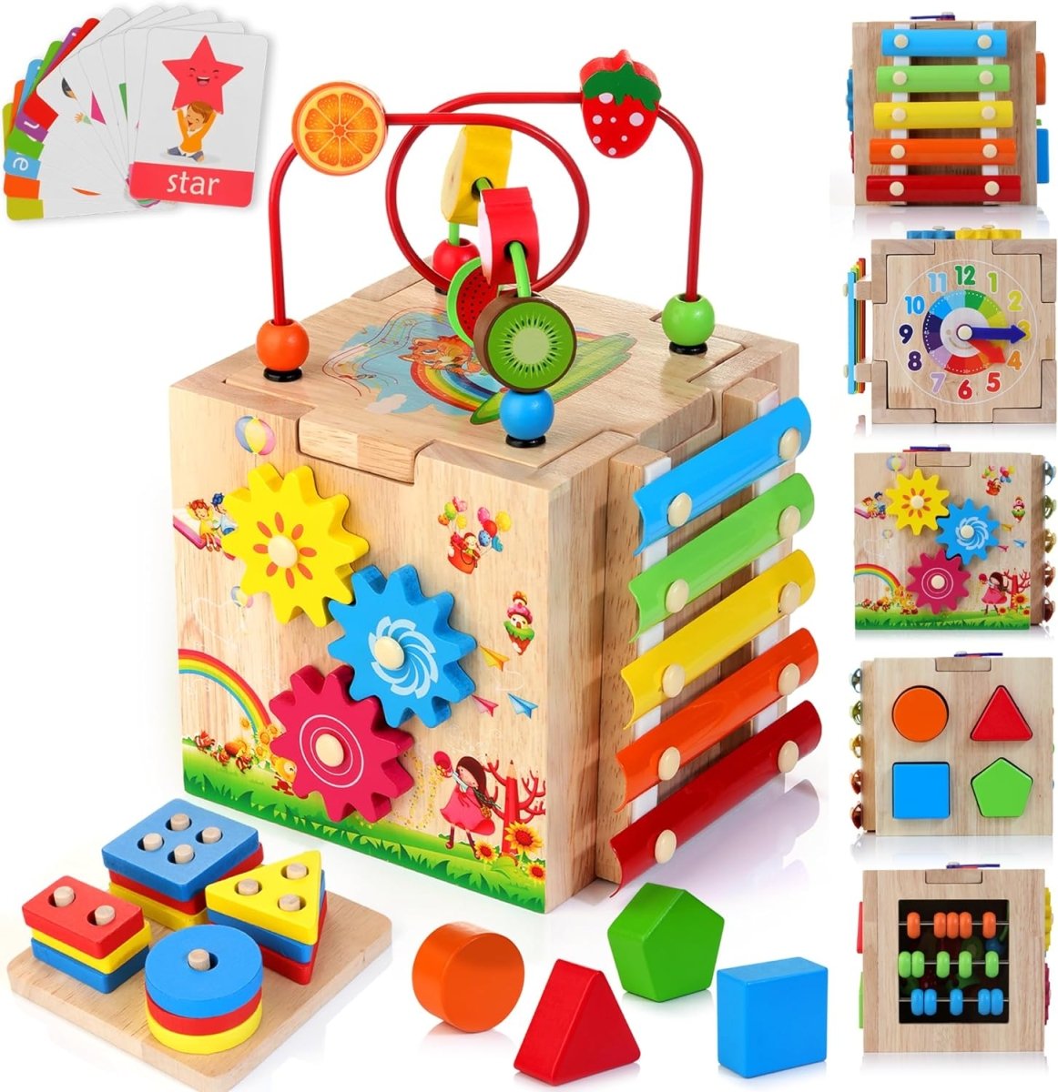 Cubo di Attività Educativo 8 in 1 in Legno per Bambini Montessori