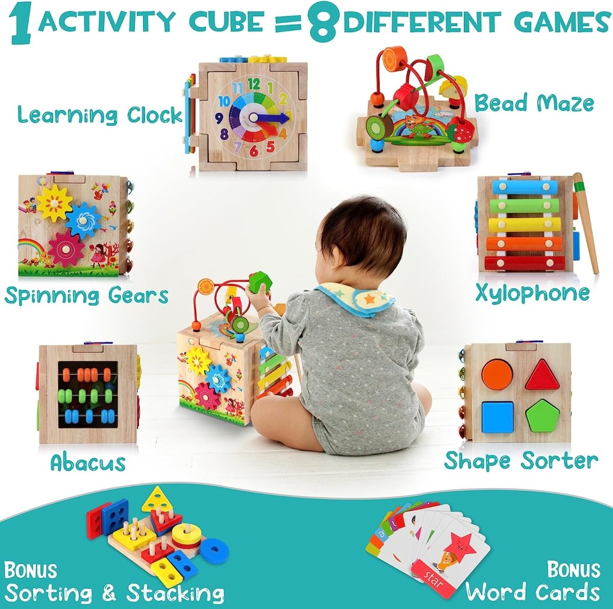 Cubo di Attività Educativo 8 in 1 in Legno per Bambini Montessori