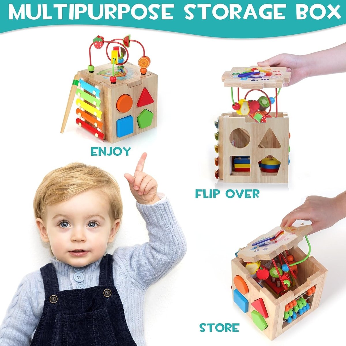 Cubo di Attività Educativo 8 in 1 in Legno per Bambini Montessori