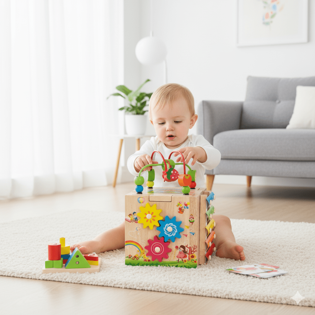 Cubo di attività in legno 8 in 1 Montessori per bambini