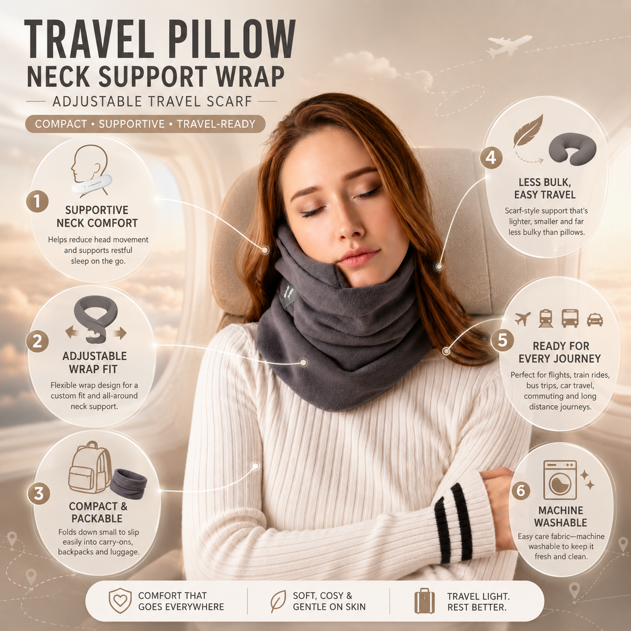 Cuscino da Viaggio Avvolgente per Supporto Cervicale e Sciarpa da Viaggio Regolabile