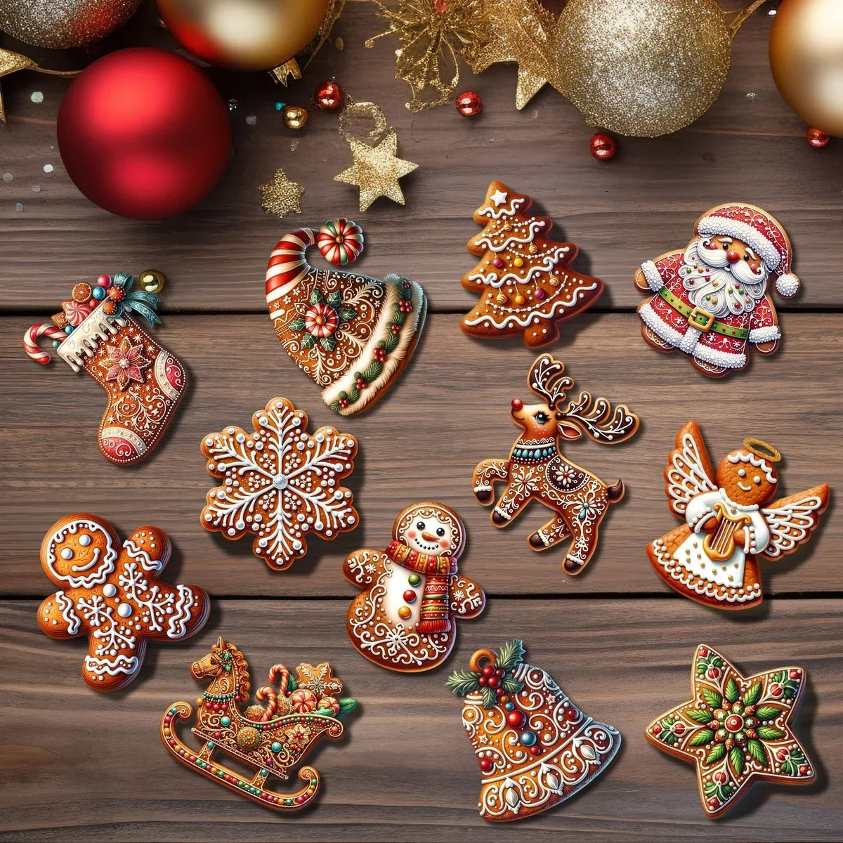 Decorazioni Natalizie Artigianali in Legno, Set da 12 Pezzi