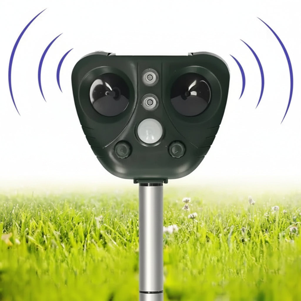 Dissuasore ad ultrasuoni solare per animali da giardino con 5 modalità e portata di 9 metri, 13,5–45,5 kHz