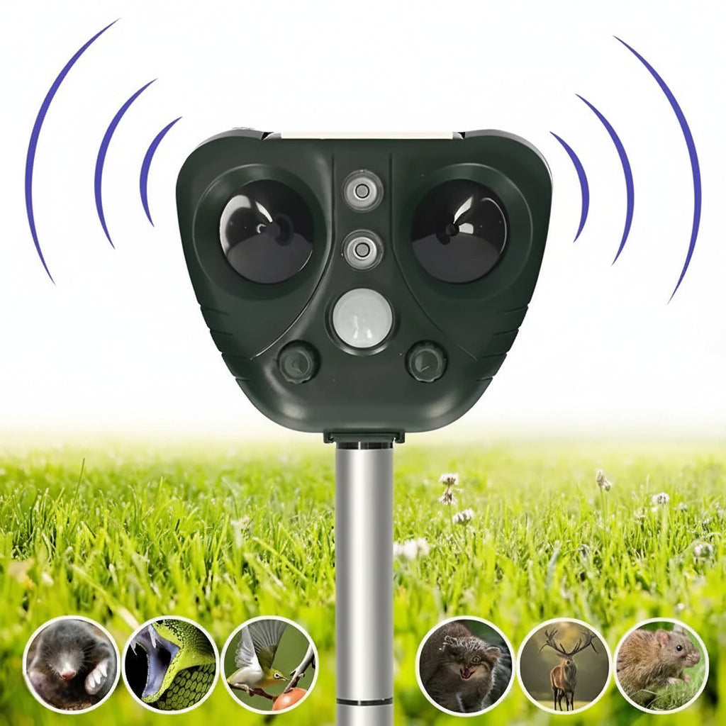 Dissuasore ad ultrasuoni solare per animali da giardino con 5 modalità e portata di 9 metri, 13,5–45,5 kHz