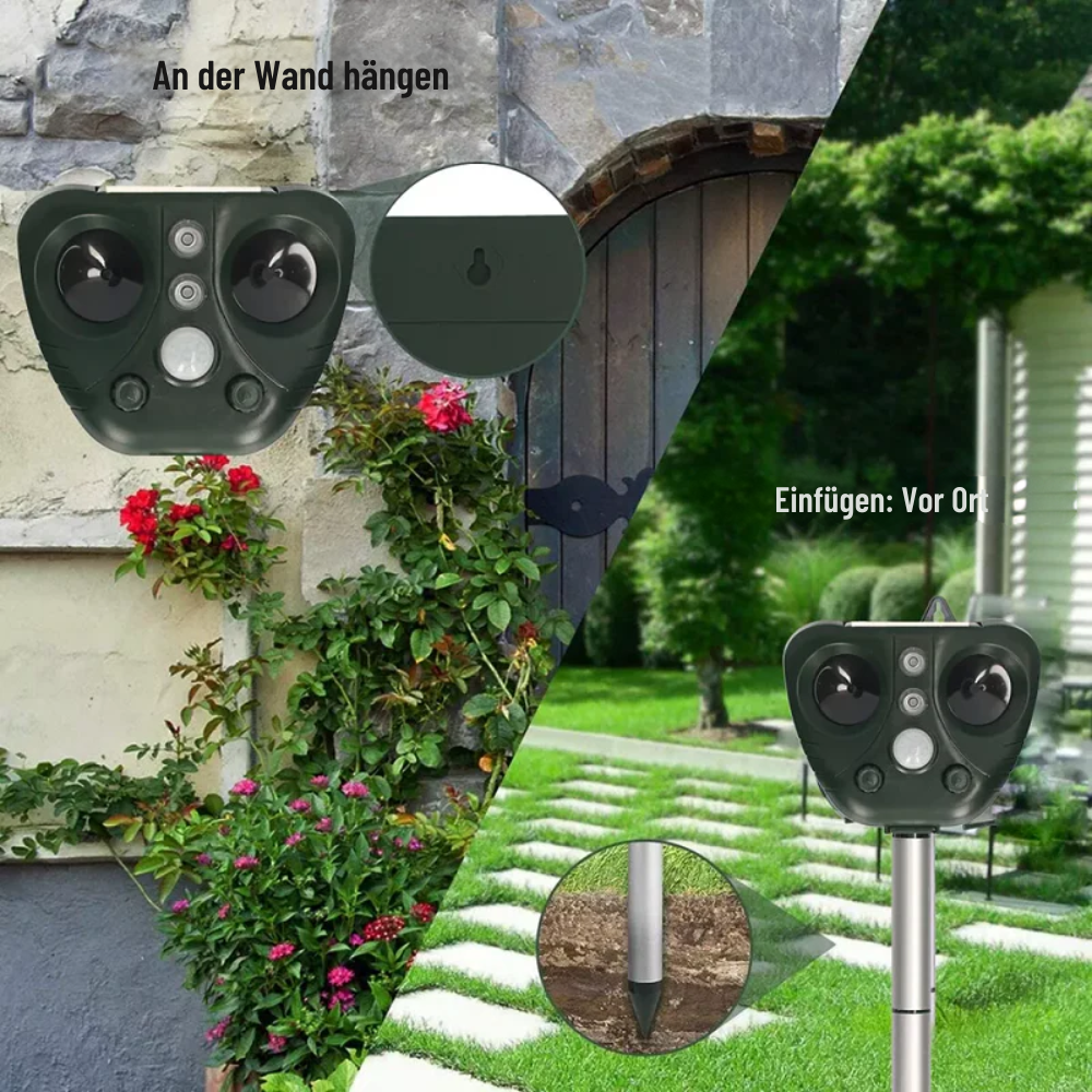 Dissuasore ad ultrasuoni solare per animali da giardino con 5 modalità e portata di 9 metri, 13,5–45,5 kHz