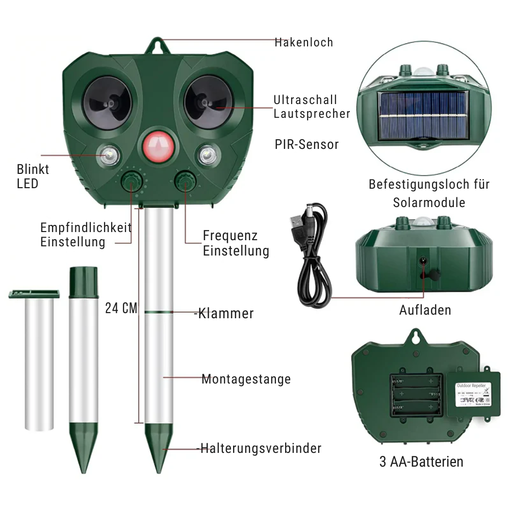 Dissuasore ad ultrasuoni solare per animali da giardino con 5 modalità e portata di 9 metri, 13,5–45,5 kHz