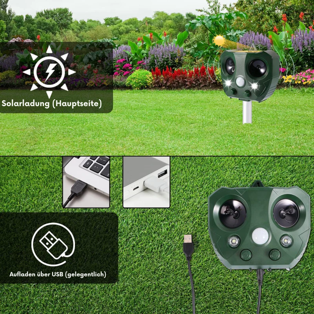 Dissuasore ad ultrasuoni solare per animali da giardino con 5 modalità e portata di 9 metri, 13,5–45,5 kHz