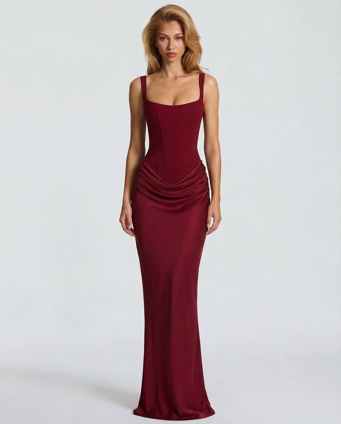 Elegante abito maxi stile corsetto con scollo quadrato