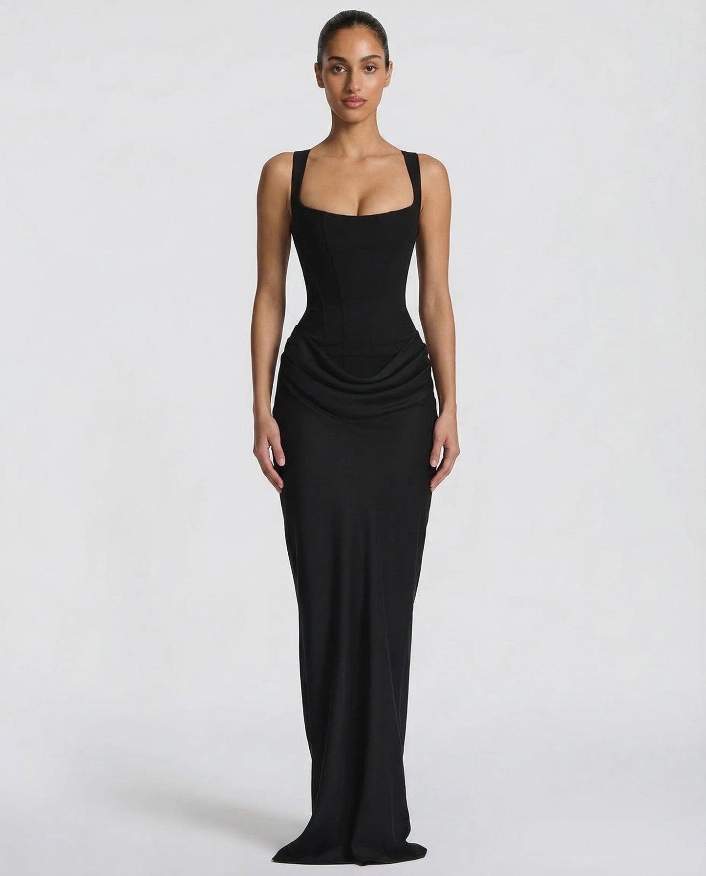 Elegante abito maxi stile corsetto con scollo quadrato