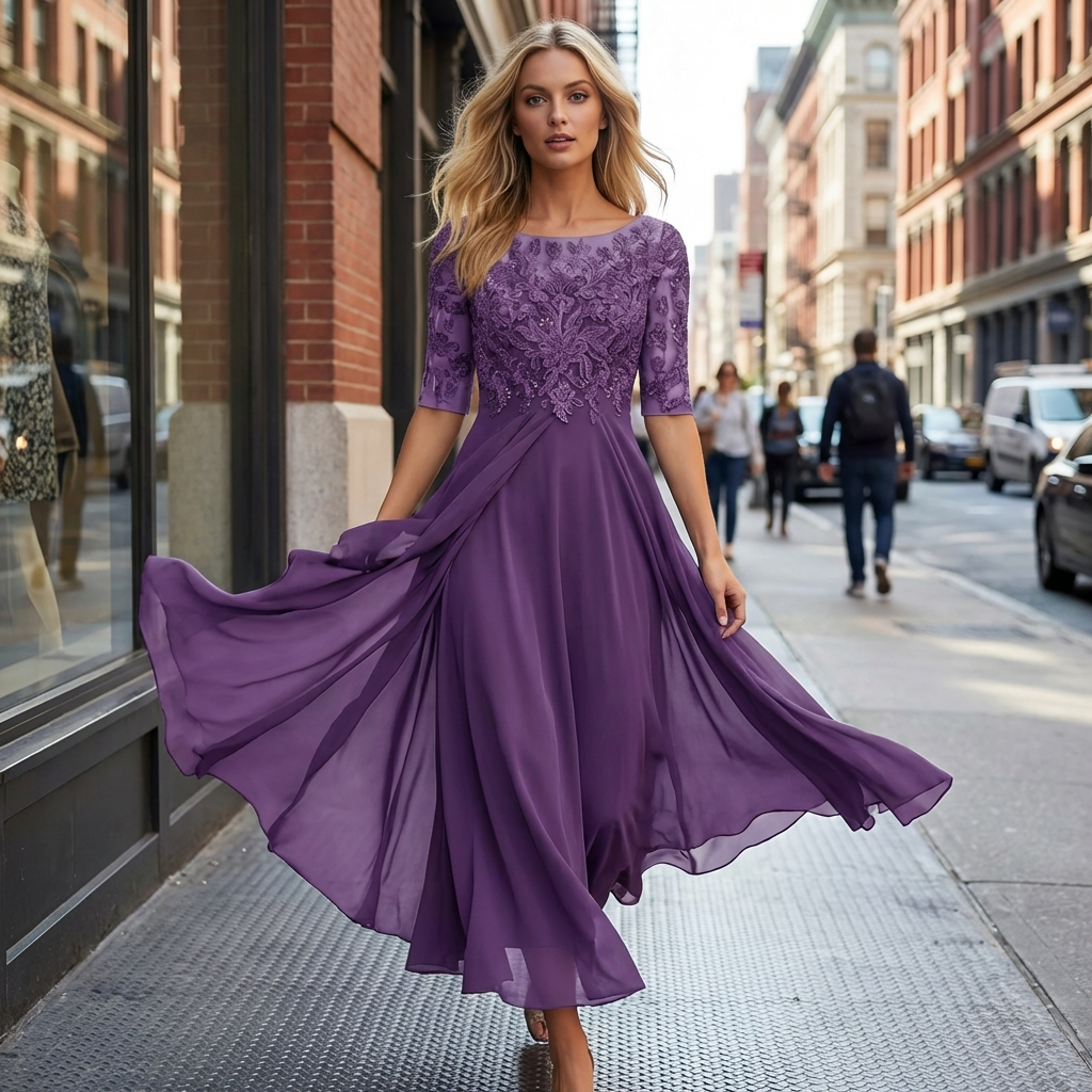 Elegante abito midi da cerimonia con dettagli in pizzo e gonna fluida