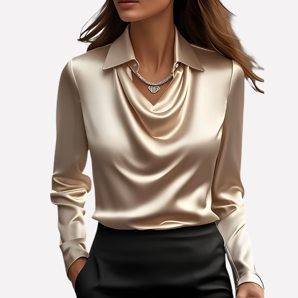 Elegante blusa da donna in raso con scollo drappeggiato