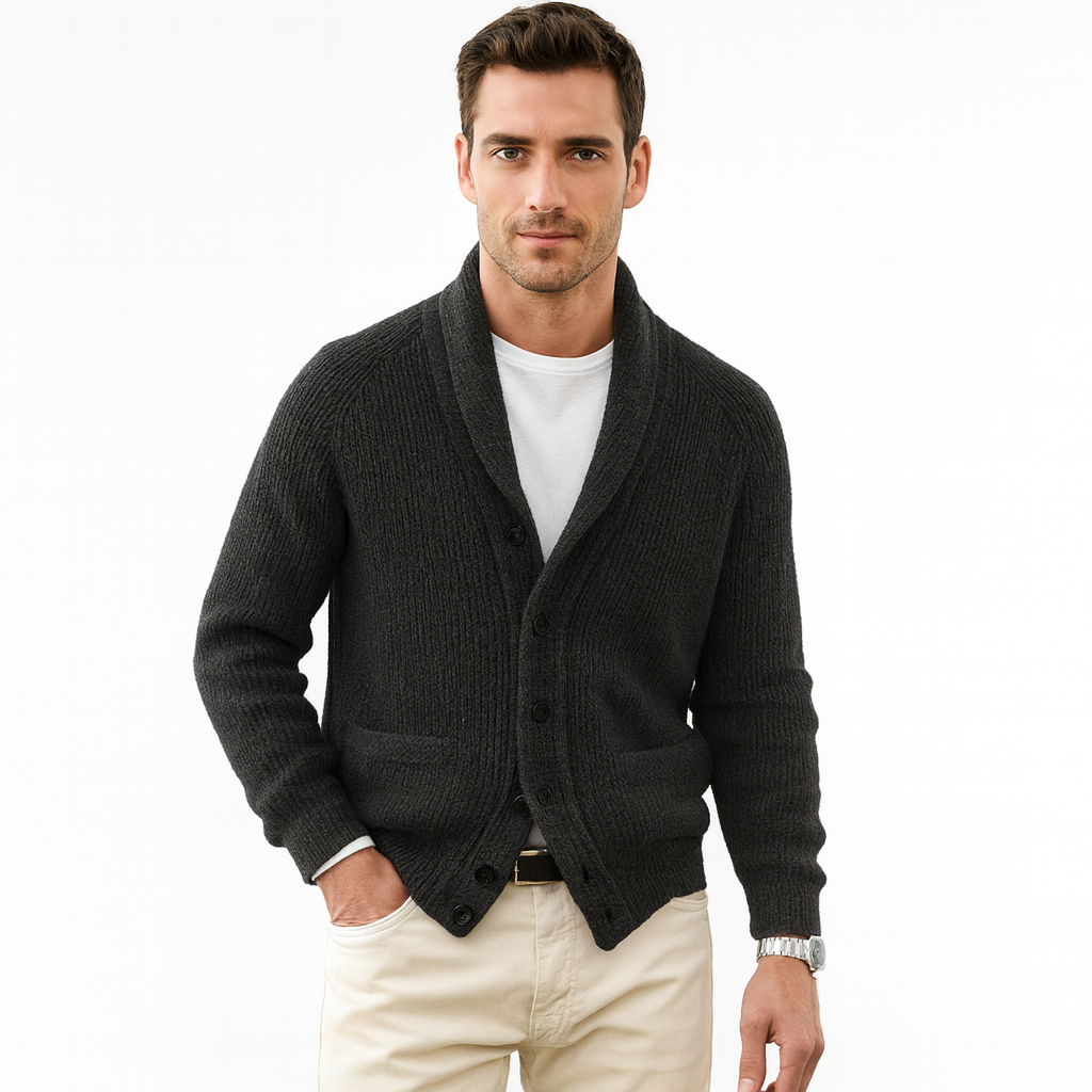 Elegante Cardigan Uomo a Maniche Lunghe con Collo a Scialle