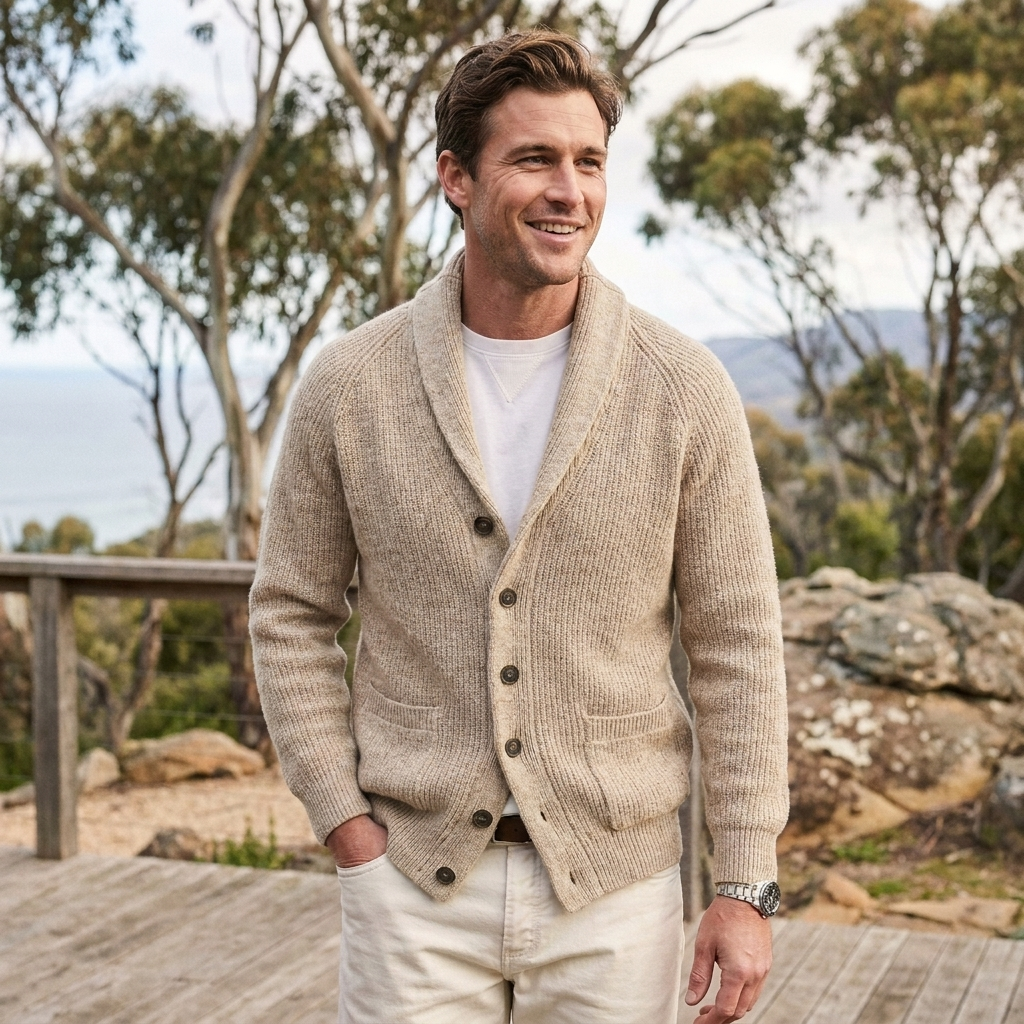 Elegante Cardigan Uomo a Maniche Lunghe con Collo a Scialle