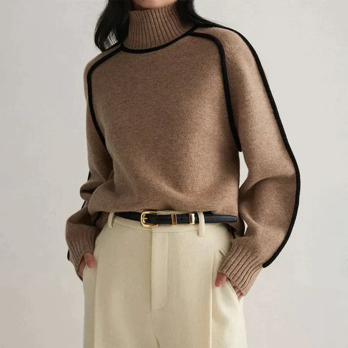 Elegante maglione a collo alto da donna in cashmere con raffinati dettagli a contrasto