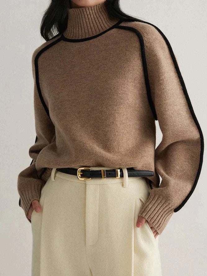 Elegante maglione a collo alto da donna in cashmere con raffinati dettagli a contrasto