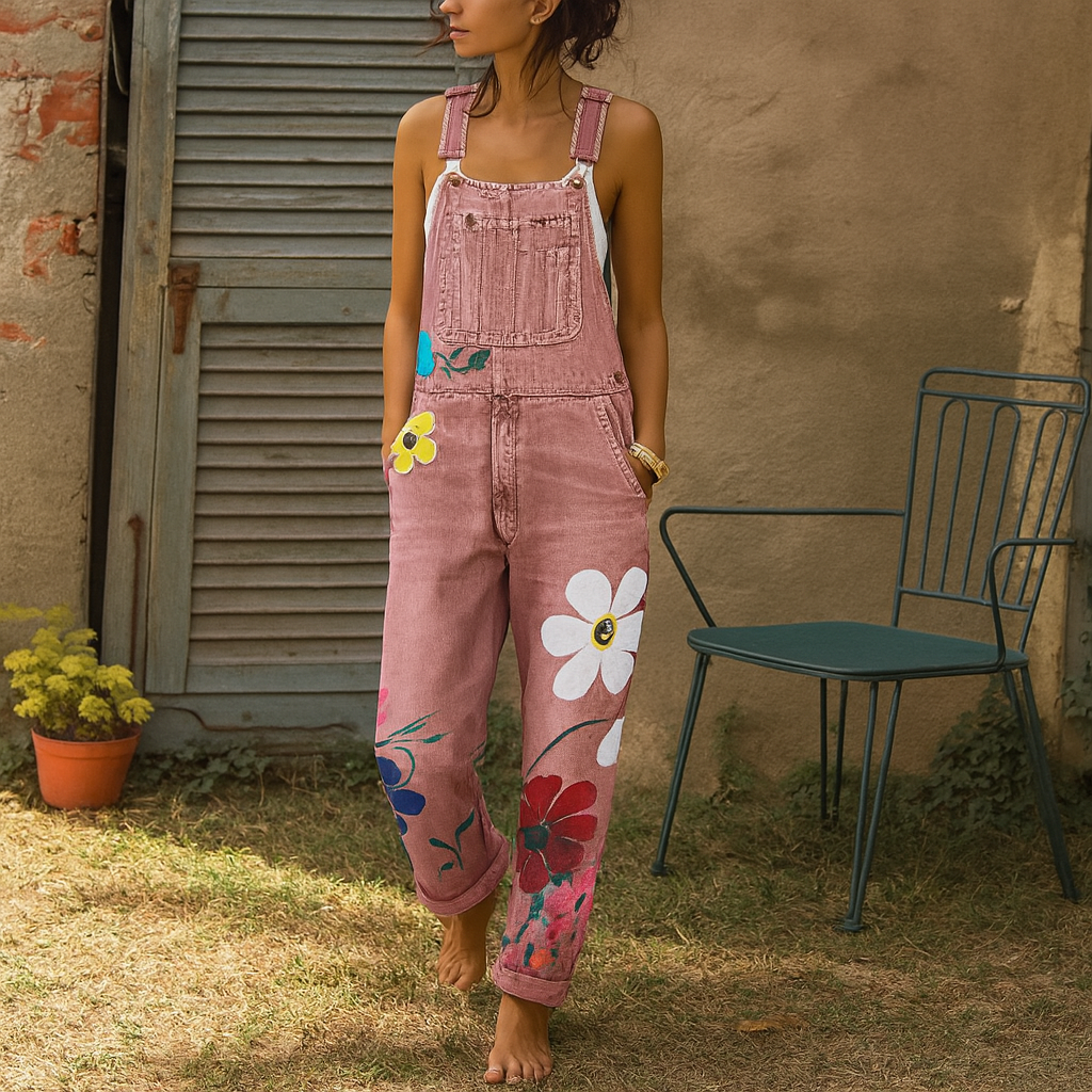 Elegante salopette in denim con motivo floreale