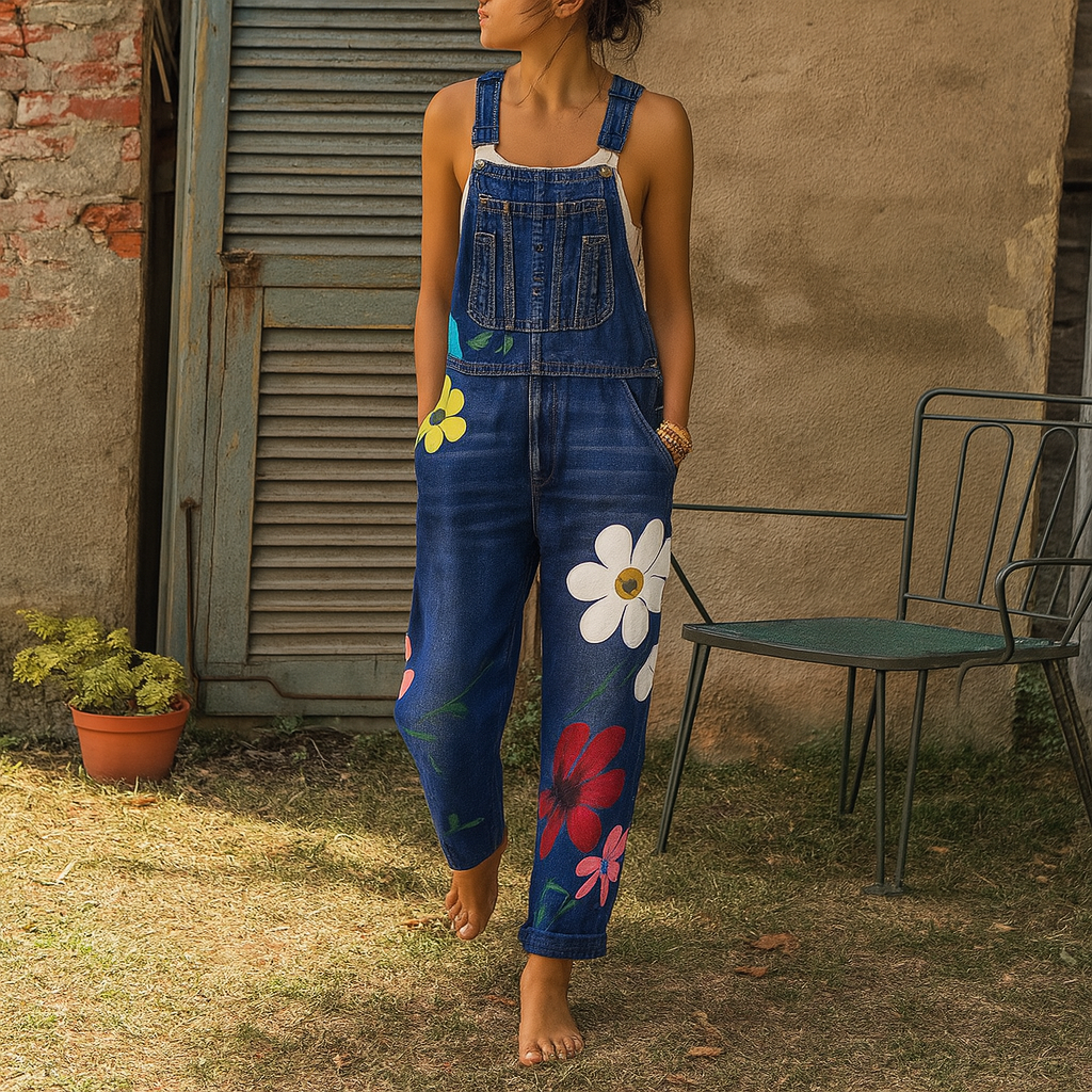 Elegante salopette in denim con motivo floreale