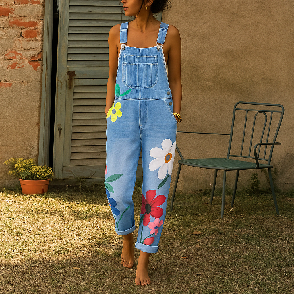 Elegante salopette in denim con motivo floreale