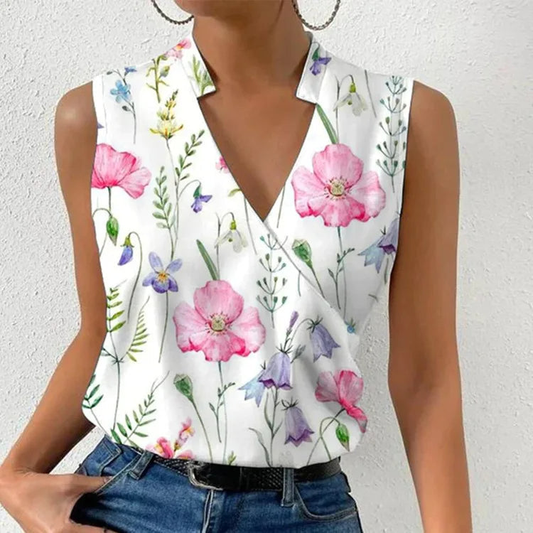 Elegante top floreale smanicato con scollo a V