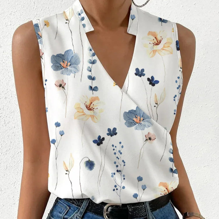 Elegante top floreale smanicato con scollo a V
