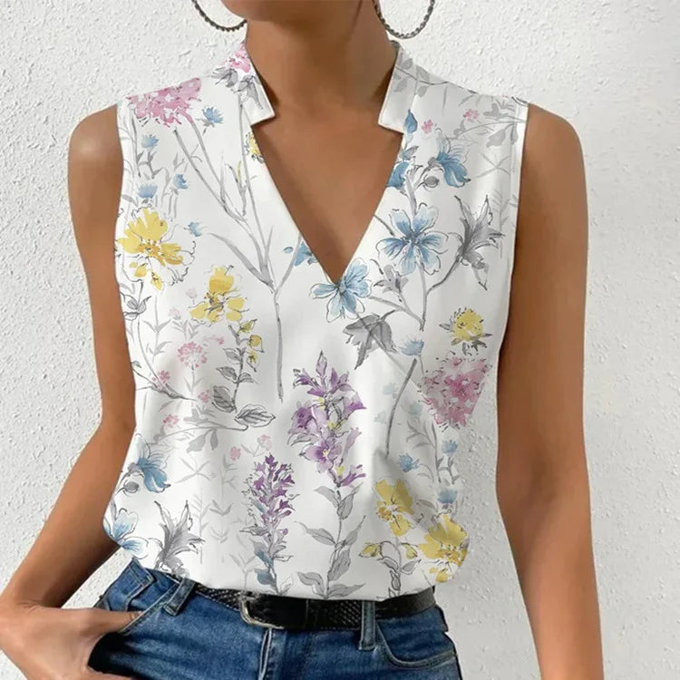 Elegante top floreale smanicato con scollo a V